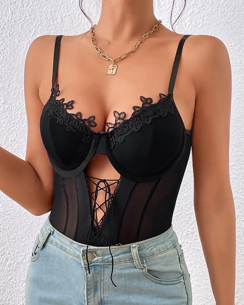

Lace-up Sheer Mesh Push Up Bodysuit, Black