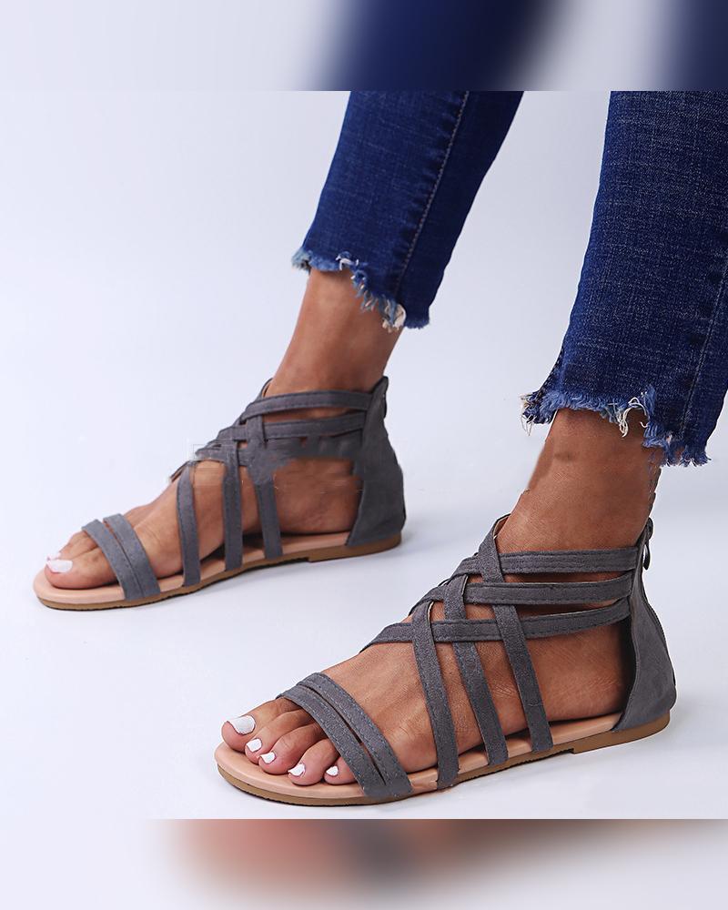 

Round-toe Solid Color Straps Open-toe Flat Sandals, Gray