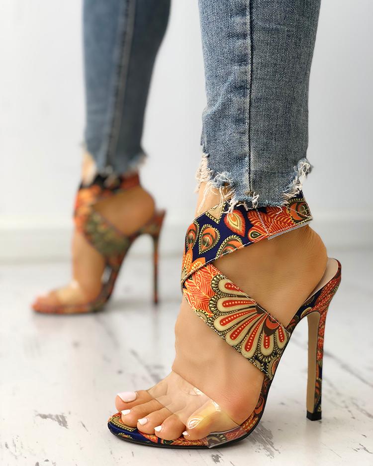 

Ethnic Transparent Crisscross Thin Heeled Sandals, Orange