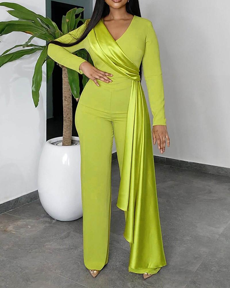 

Asymmetrical Hem Long Sleeve Jumpsuit, Green