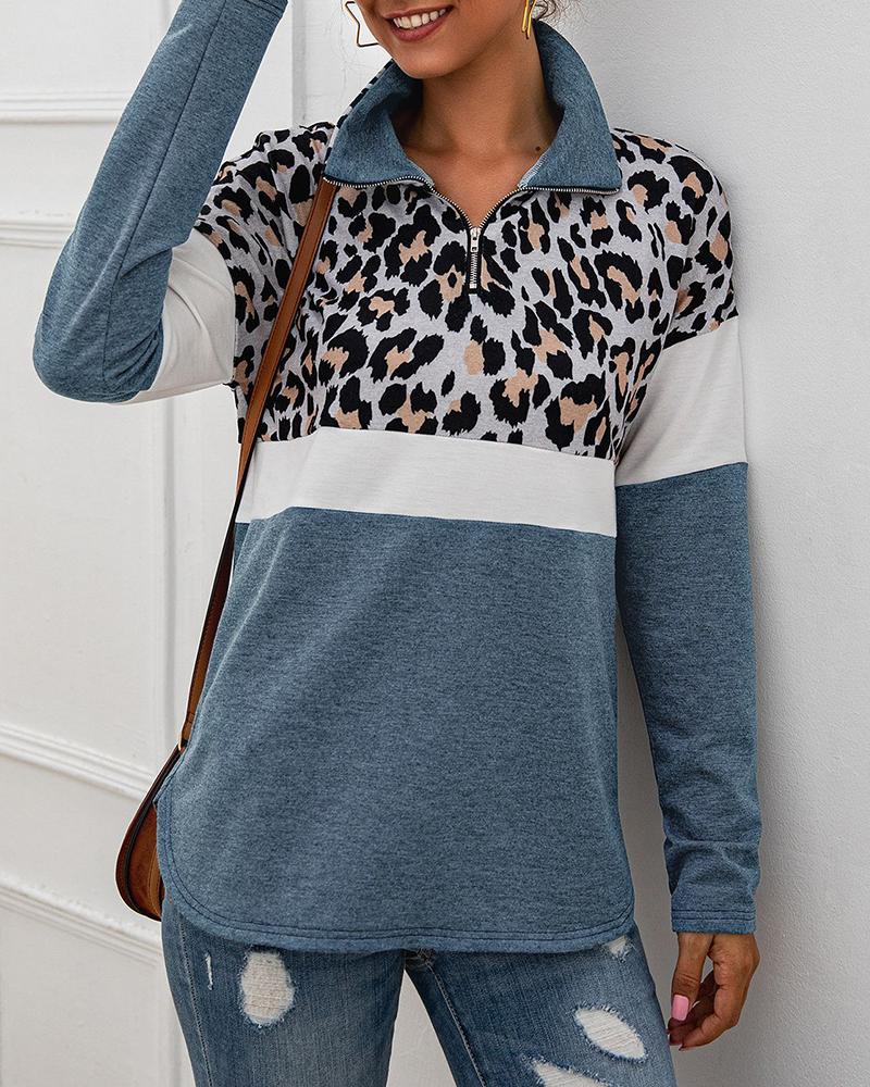 

Leopard Colorblock Zipped Design Casual Sweatshirt, Blue