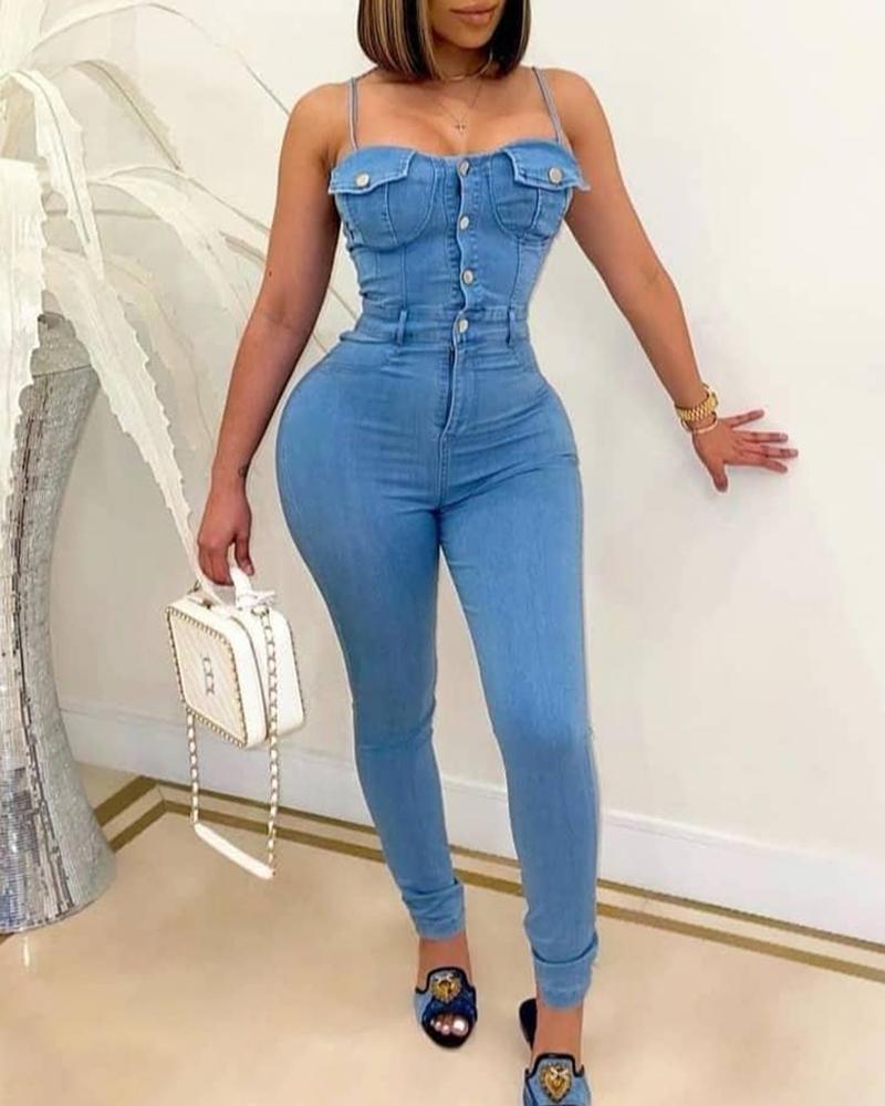 

Button Front Spaghetti Strap Skinny Denim Jumpsuit, Blue
