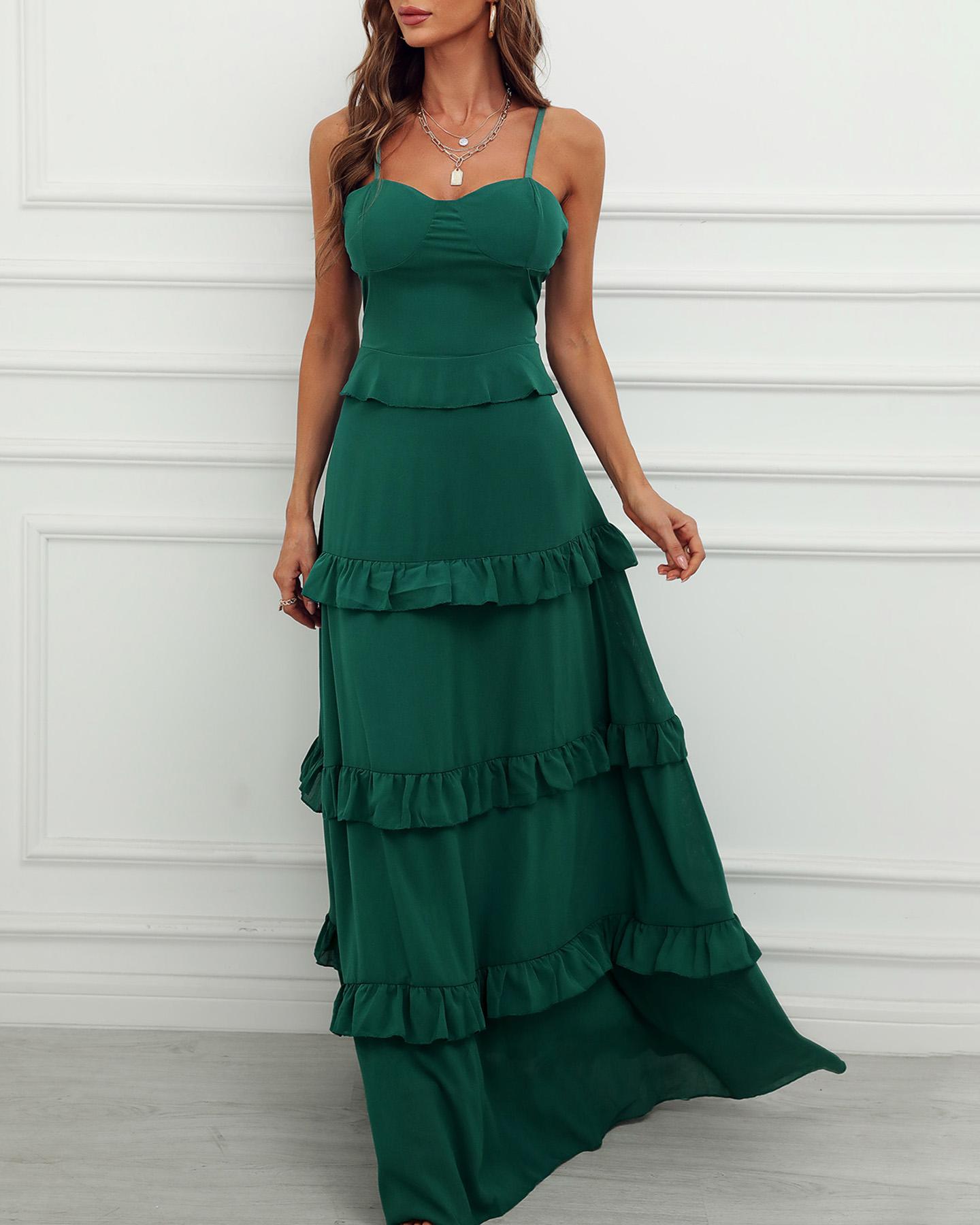 

Ruffles Ruched Spaghetti Strap Maxi Dress, Green