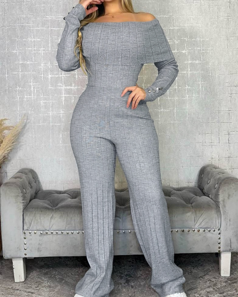 

Conjunto de 2 peças com botões decorativos, blusa de ombro de fora dobrável e calça de perna larga com cós elástico, conjunto casual canelado, Gray