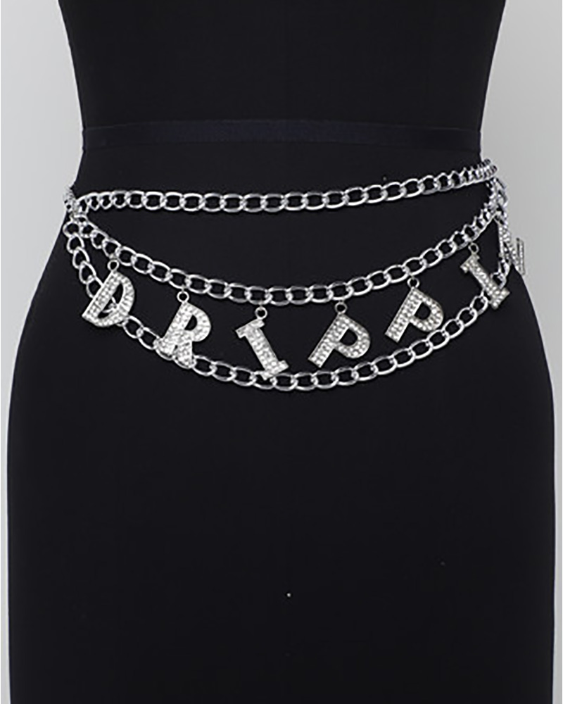 

Rhinestone Decor Letter Pattern Layered Waist Chain, Silver