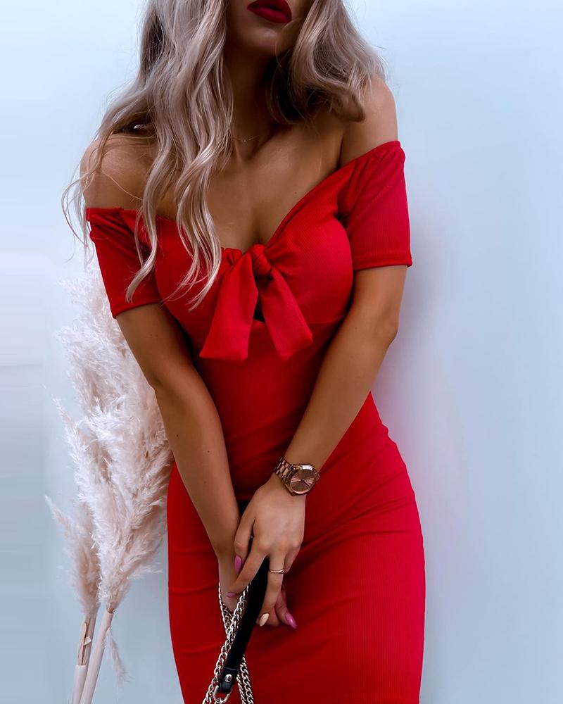 

Off Shoulder Knotted Bodycon Dress, Red
