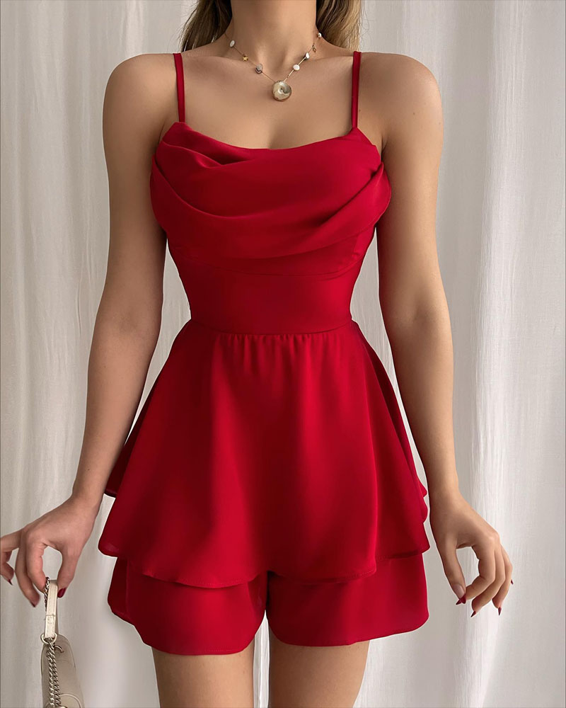 

Ruffle Hem Tied Detail Spaghetti Strap Romper, Red