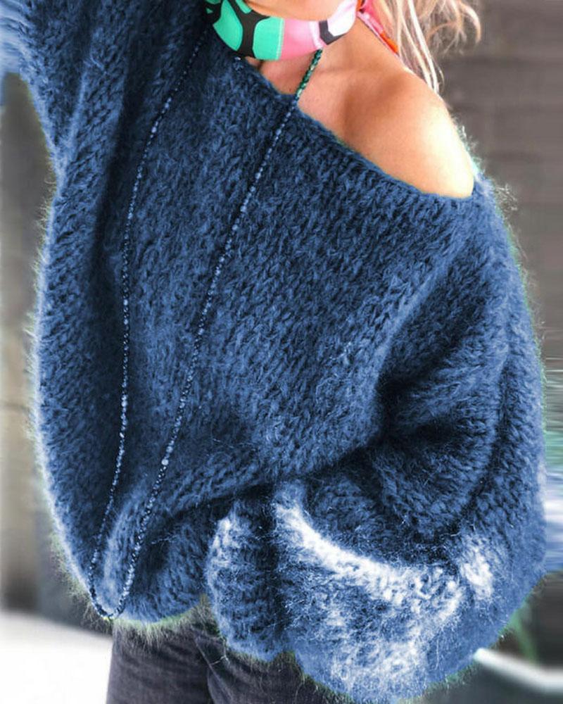 

Lantern Sleeve Chunky Knit Sweater, Blue