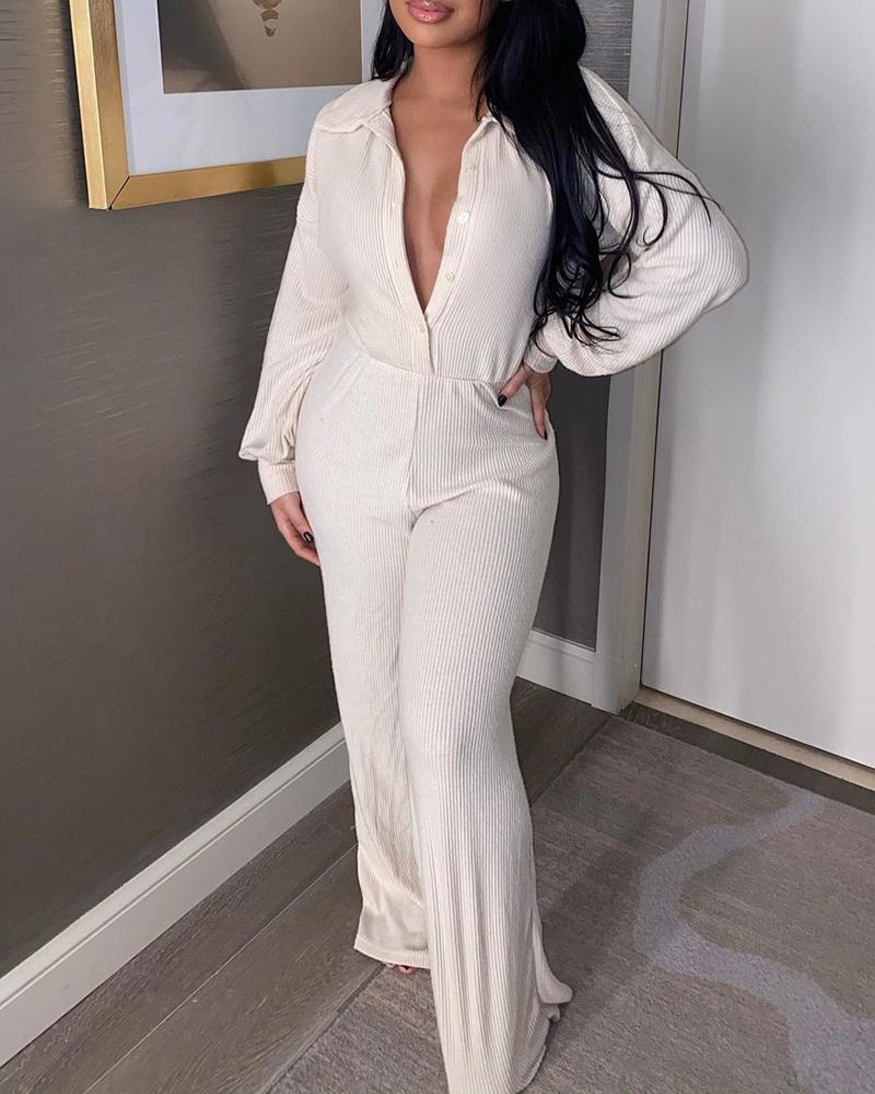 

Ribbed Button Design Bootcut Casual Jumpsuit, White