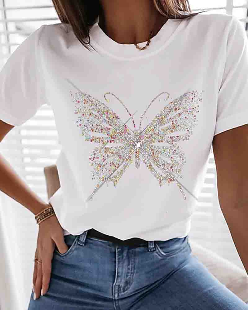 

Butterfly Pattern Print Round Neck Tops Cotton Basic T-shirt, White
