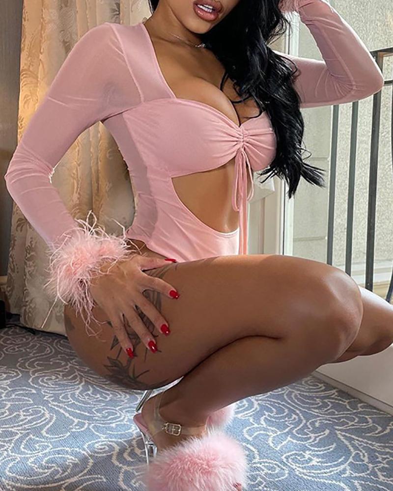

Feather Detail Cutout Front Drawstring Sheer Mesh Bodysuit, Pink
