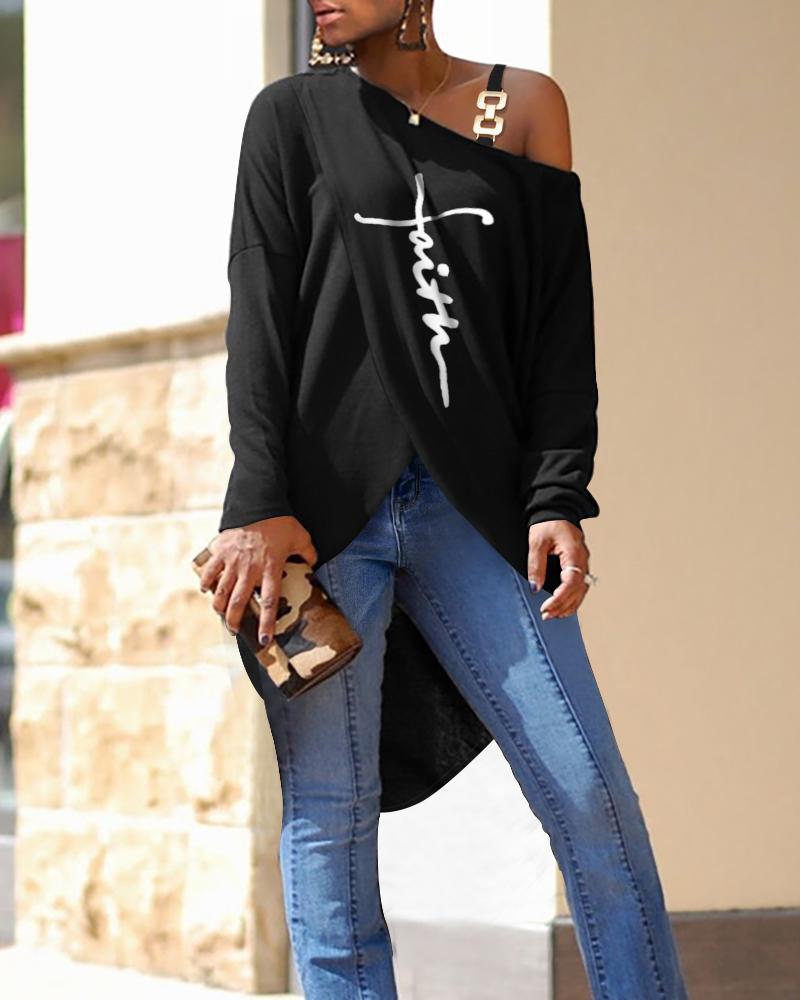 

Letter Print Cold Shoulder Asymmetrical Hem Top, Black