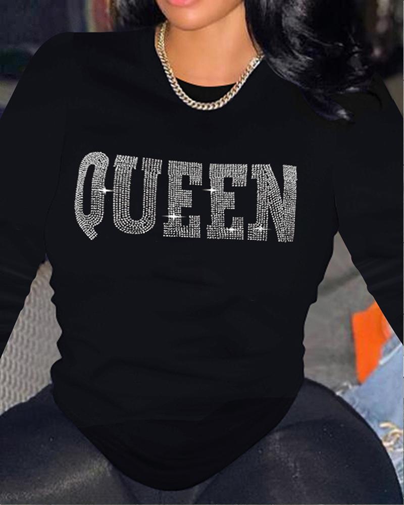 

Rhinestone Letter Pattern Long Sleeve Casual Top, Black