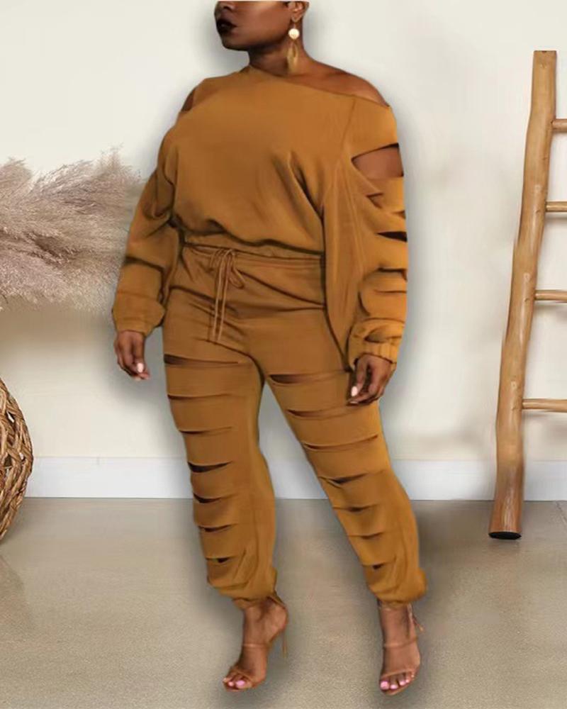 

Plus Size Ladder Cutout Cold Shoulder Top & Pants Set, Yellow