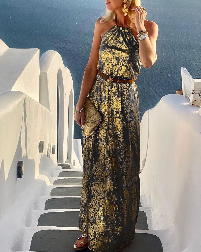 

Metallic Design Sleeveless Halter Maxi Dress, Black