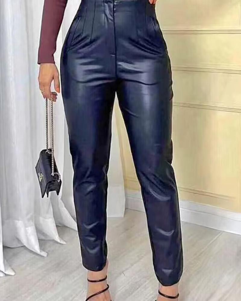 

PU Leather Ruched High Waist Pants, Black