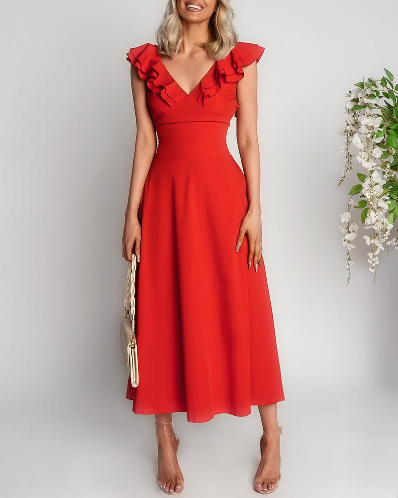 

Crisscross Backless Ruffle Hem Party Dress, Red