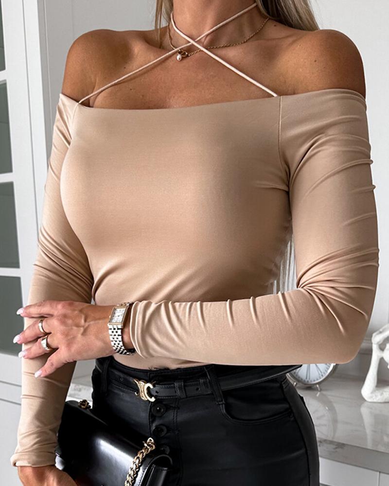 

Off Shoulder Crisscross Long Sleeve Top, Khaki