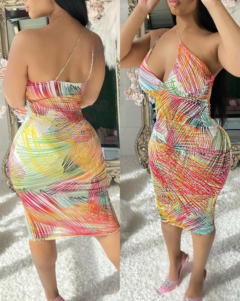 

Abstract Print Spaghetti Strap Bodycon Dress, Multicolor