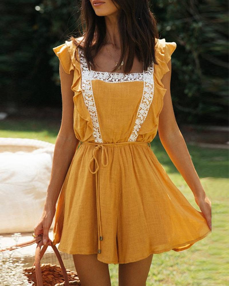 

Solid Color Splicing Floral Lace Ruffle Sleeveless Romper, Yellow