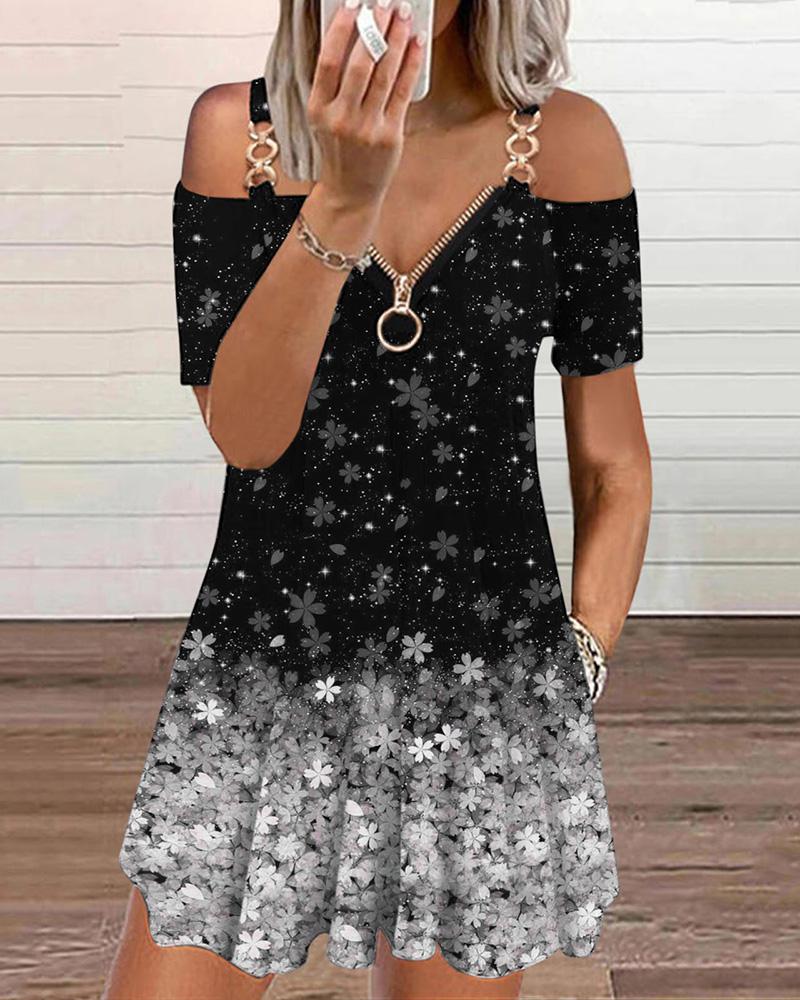 

Zipper Design Floral Print Cold Shoulder Dress, Black