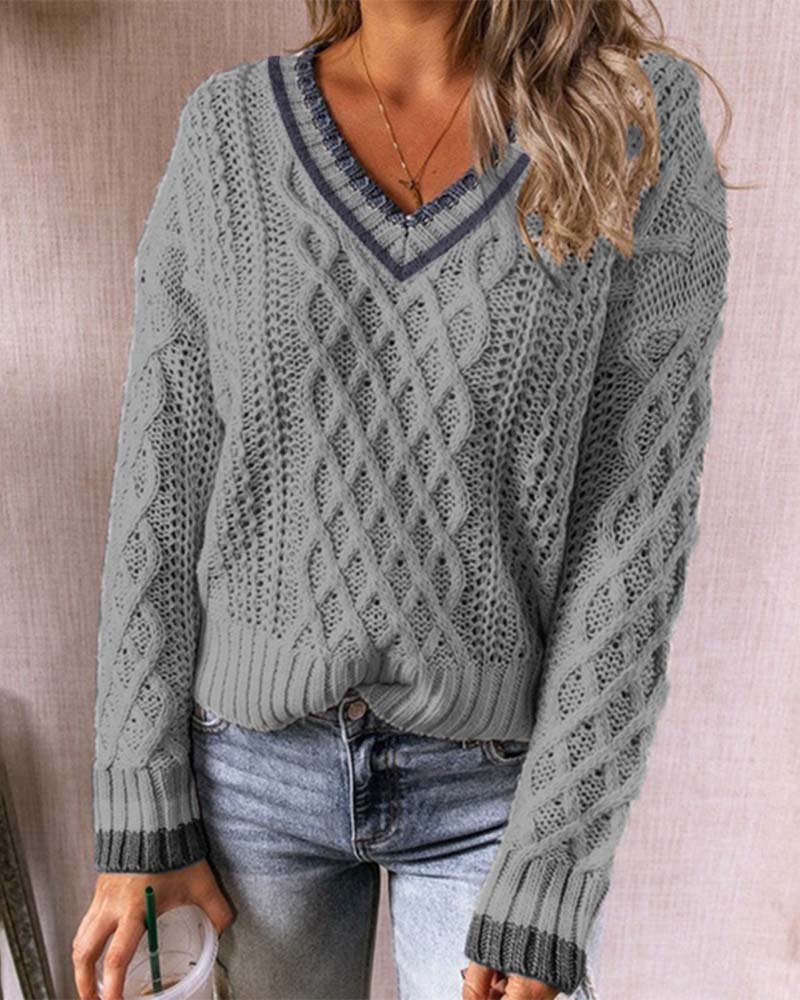 

Striped Trim V-Neck Cable Knit Sweater, Gray