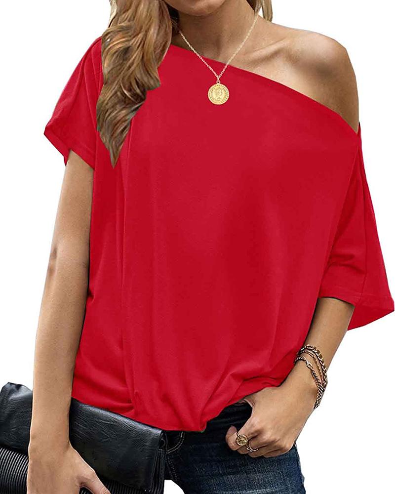 

Slash Neck Short Sleeve T-shirt, Red