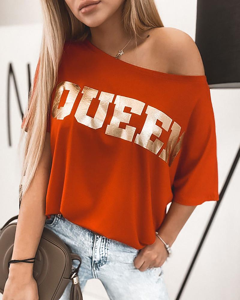 

Letter Print Short Sleeve Casual T-shirt, Orange