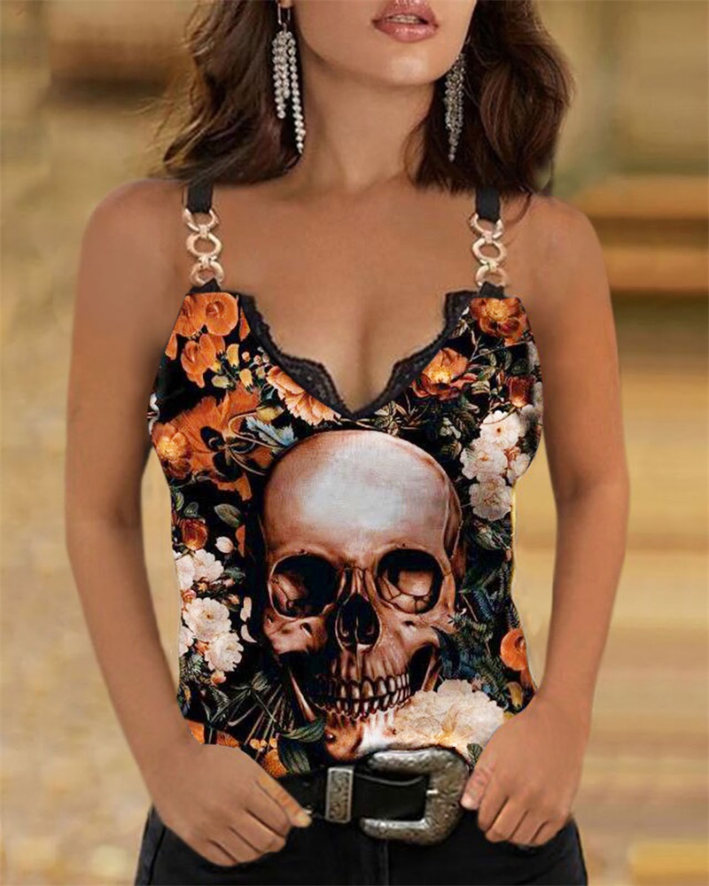 

Halloween Skull Floral Print Chain Strap Tank Top, Orange