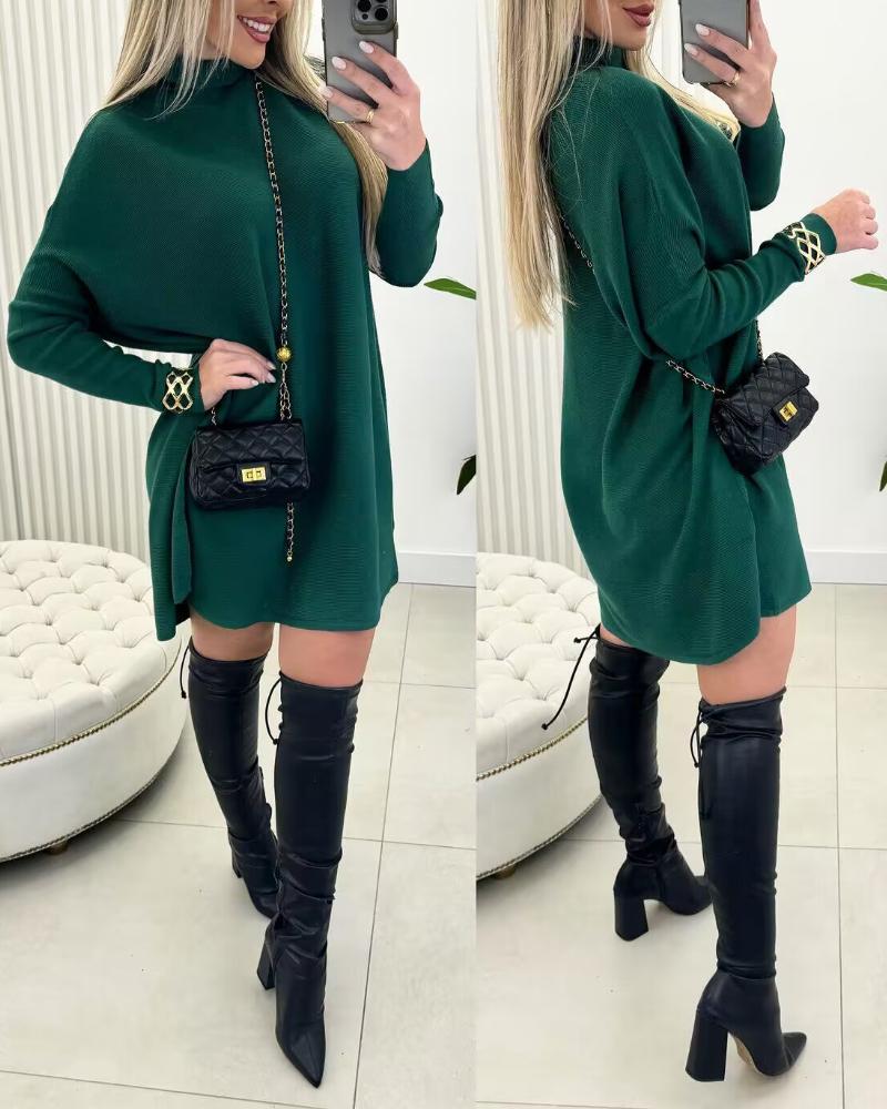 

High Neck Batwing Sleeve Pullover Sweater Dress Knitted Casual Dress, Green
