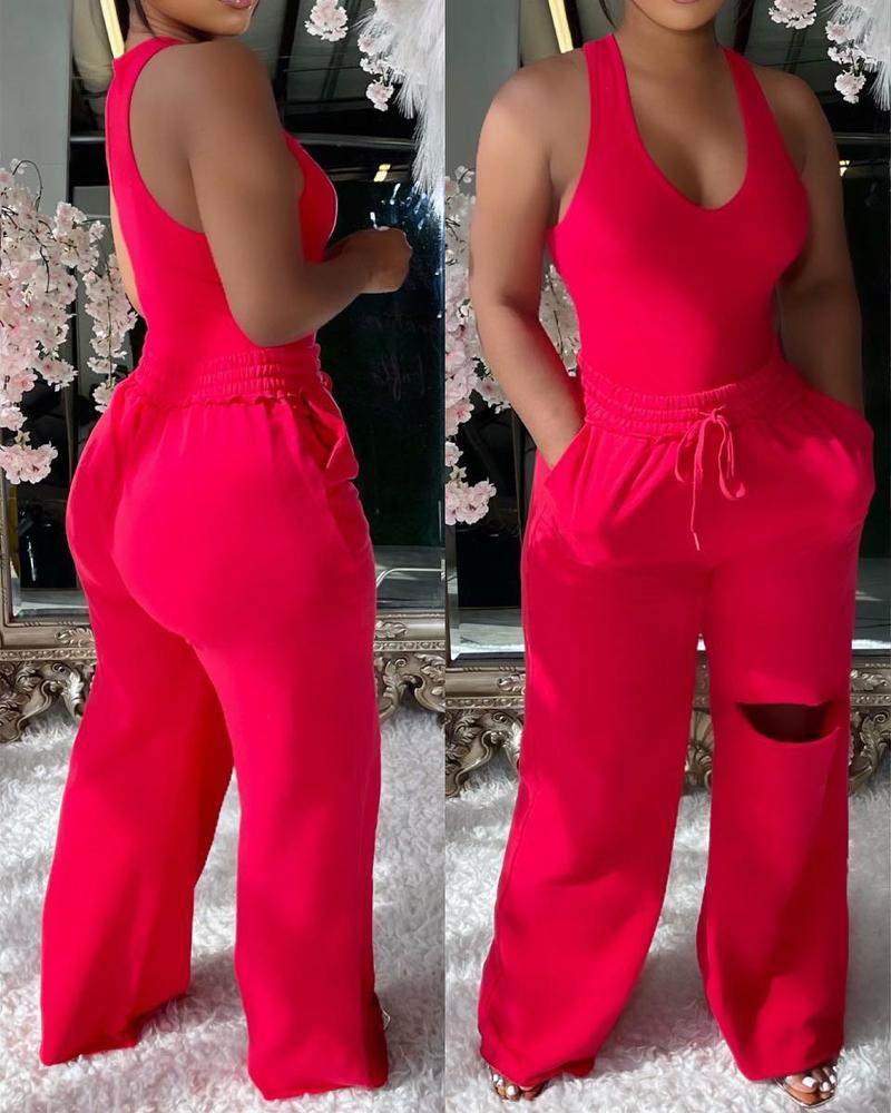 

Sleeveless Bodysuit & Cutout Drawstring Pants Set, Red