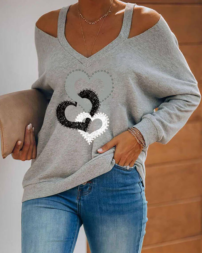 

Valentine' Day Heart Print Cold Shoulder Top, Apricot