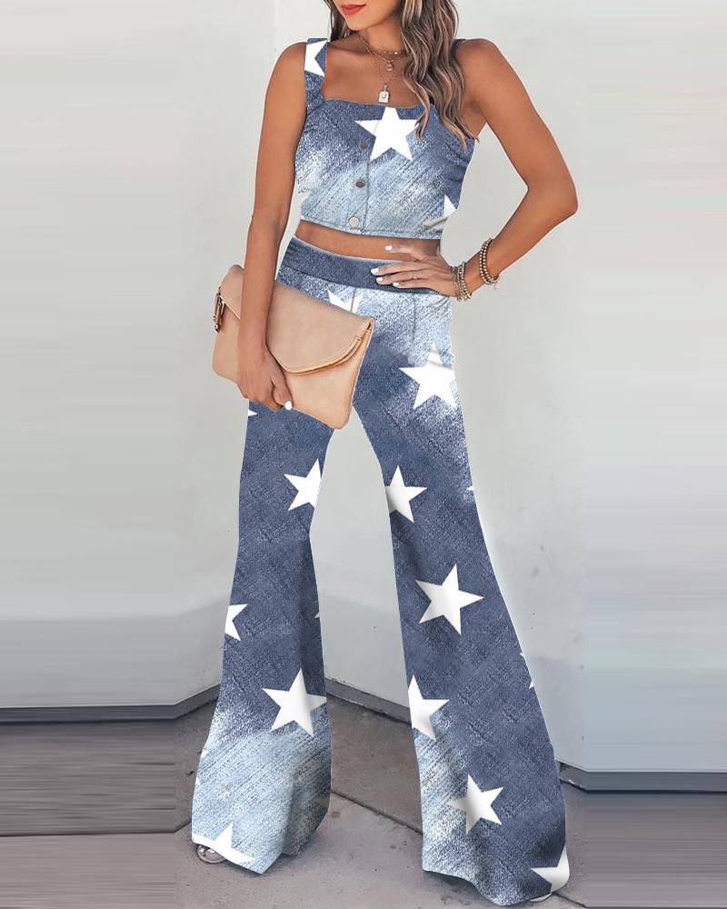 

Denim Floral Print Top & bell-bottomed pants Sets, Blue