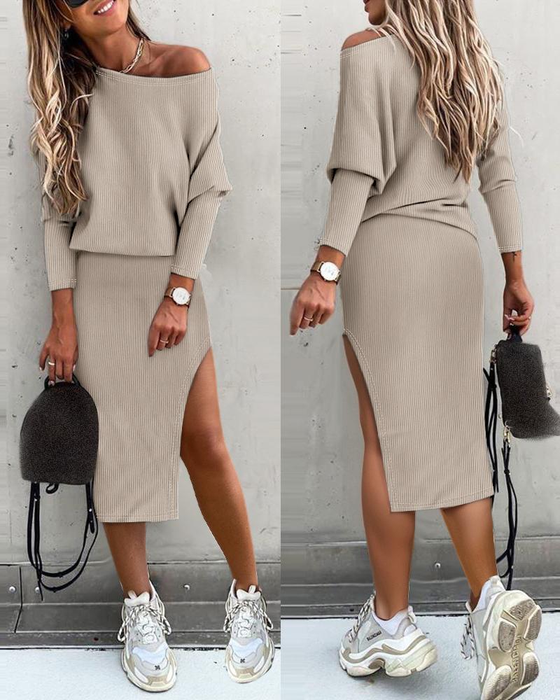 

Gigot Sleeve Skew Neck Top & Slit Skirt Set, Apricot