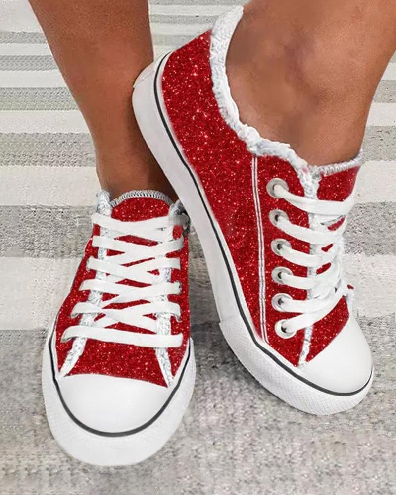 

Valentine's Day Glitter Lace-up Fringe Hem Canvas Sneakers, Red