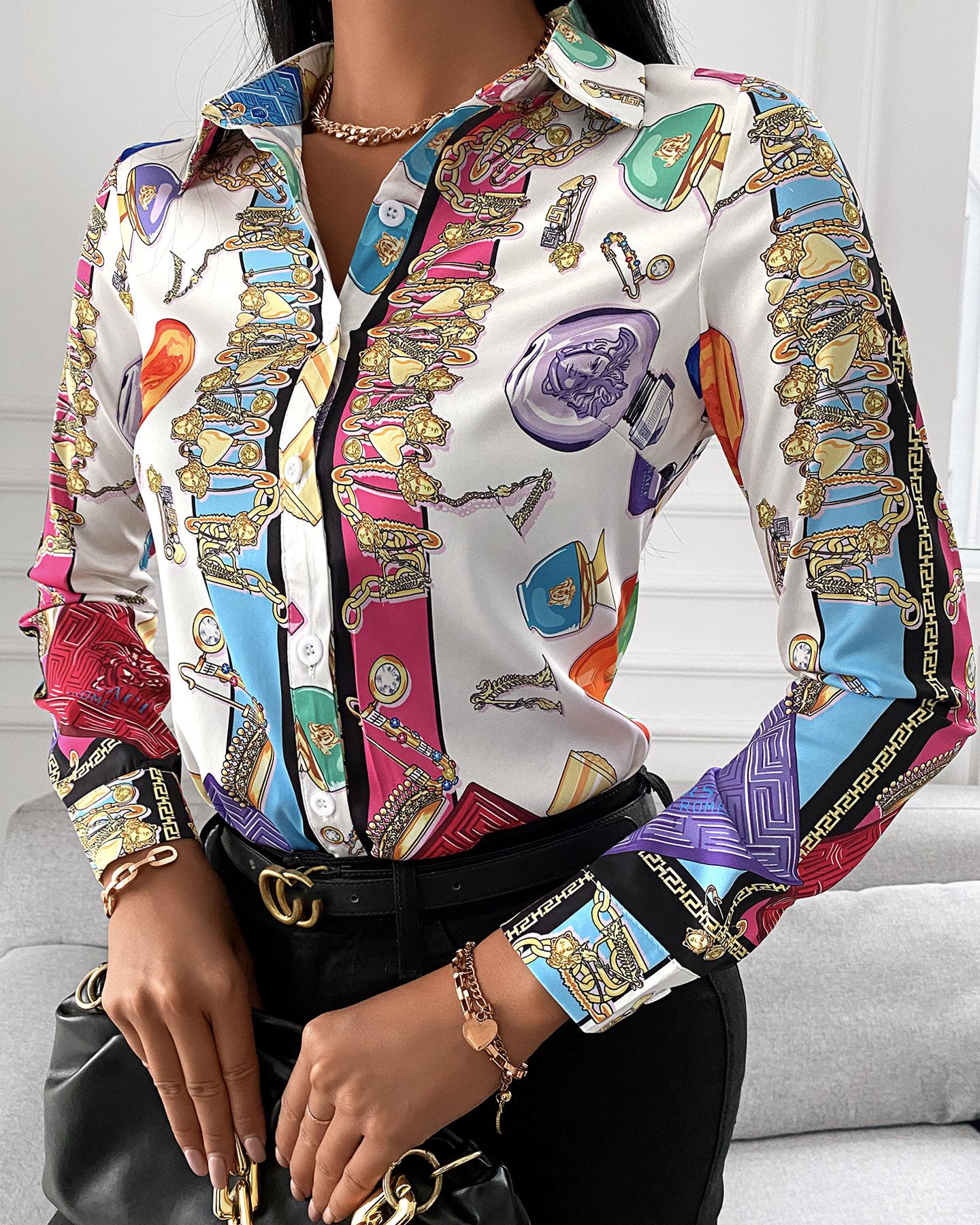 

All Over Print V Neck Long Sleeve Shirt, Multicolor