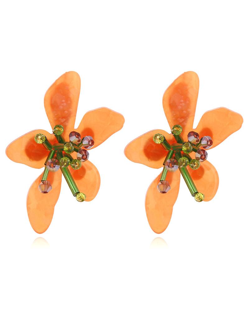 

1Pair Beaded Floral Shaped Stud Earrings, Orange