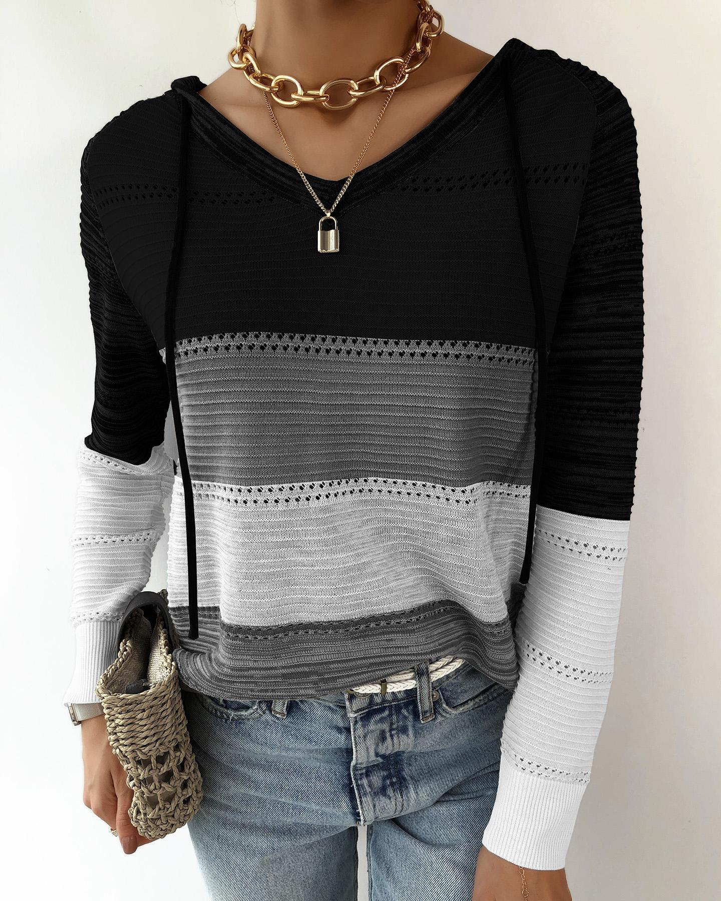 

Knit Colorblock Hollow Out Hooded Sweater, Black