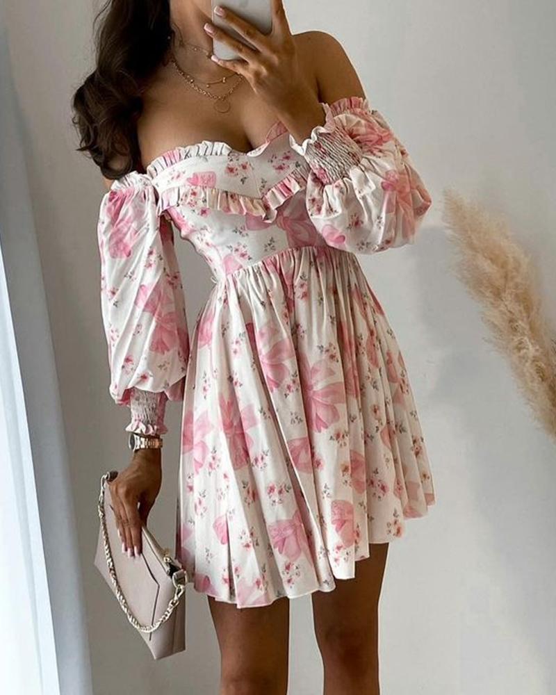 

Floral Print Off Shoulder Puff Sleeve Mini Dress, White