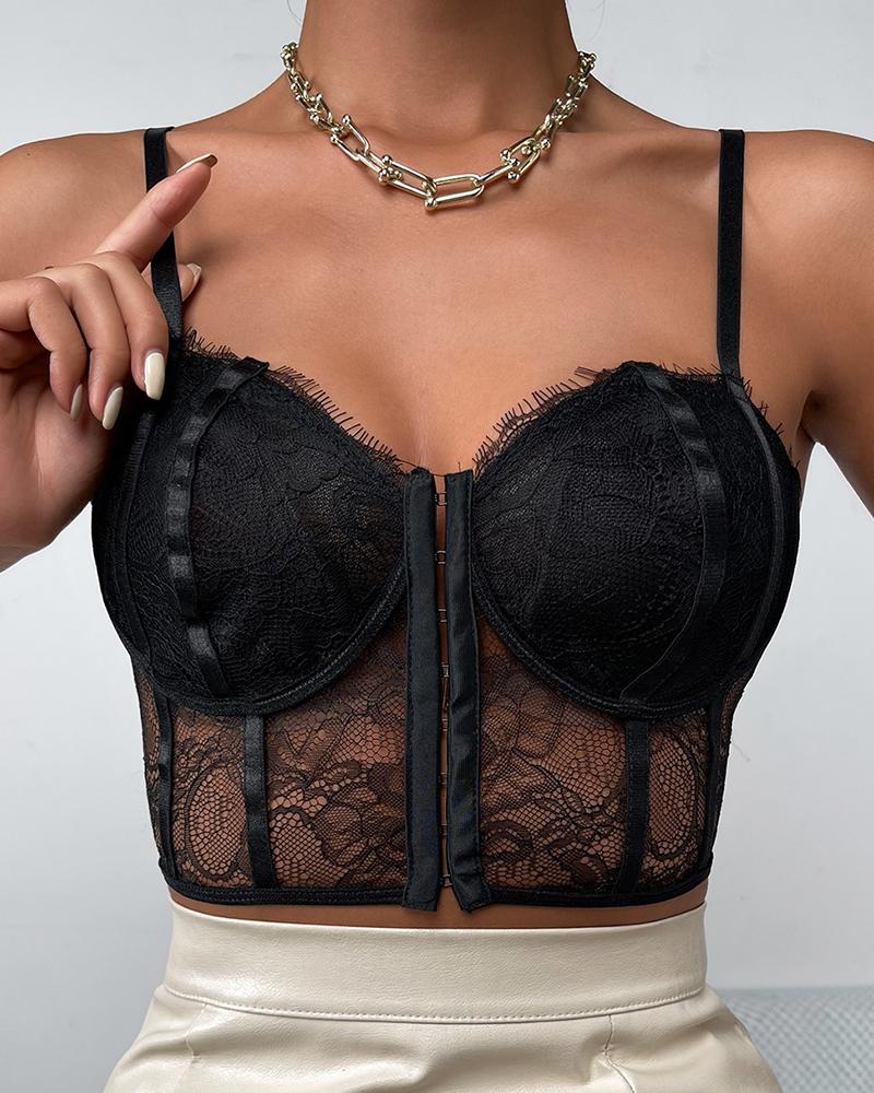 

Eyelash Crochet Lace Sheer Mesh Skinny Cami Top, Black