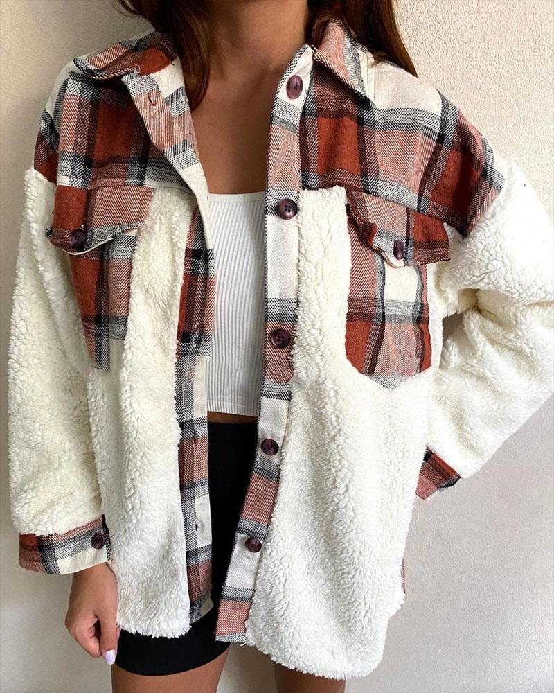 

Plaid Print Teddy Patch Flap Detail Button Down Shacket, Brown