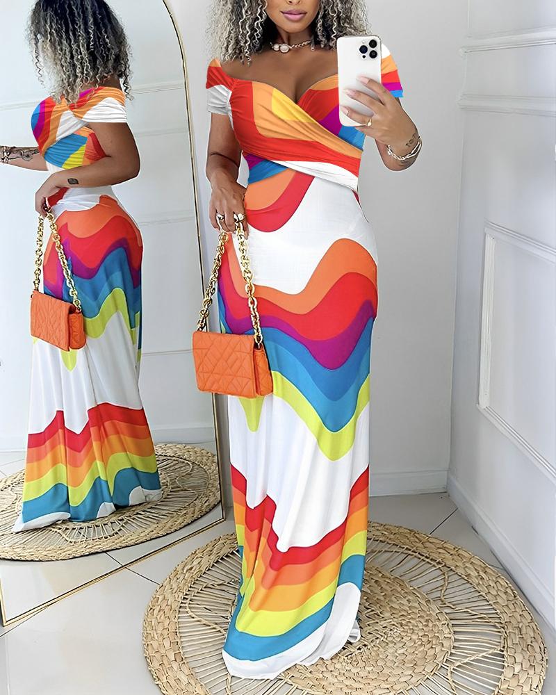 

Rainbow Stripe Print Criss Cross Ruched Off Shoulder Maxi Dress, Multicolor