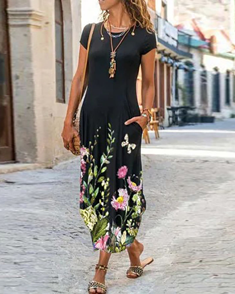 

Floral Print Pocket Detail Curved Hem Casual Dress, Black