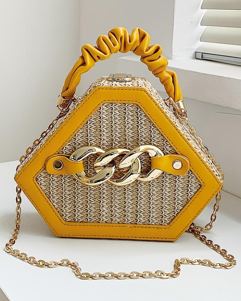 

Trendy Chain Decor Top Handle Straw Geometrical Crossbody Bag, Yellow