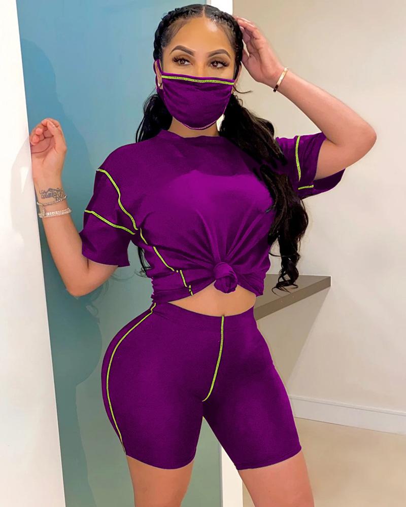 

Contrast Piping Short Sleeve Knotted Top & Shorts Set With Bandana, Purple