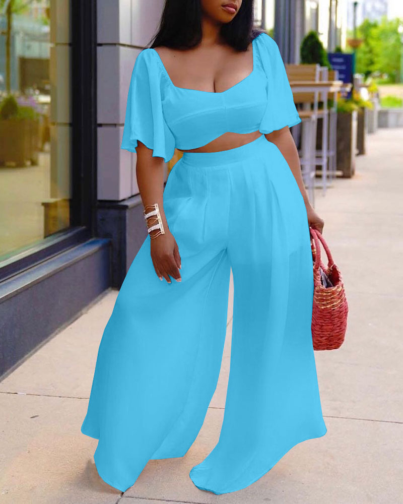 

Bell Sleeve Tie Back Crop Top & Wide Leg Pants Set, Lighted blue
