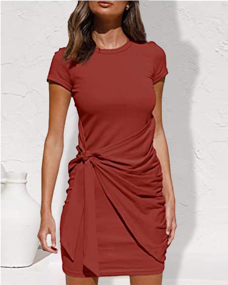 

Short Sleeve Tied Detail Casual Dress, Red