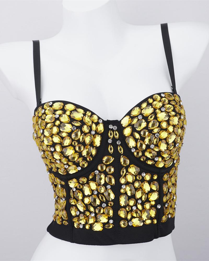 

Gem Stone Decor Buckle Back Crop Corset Top, Gold