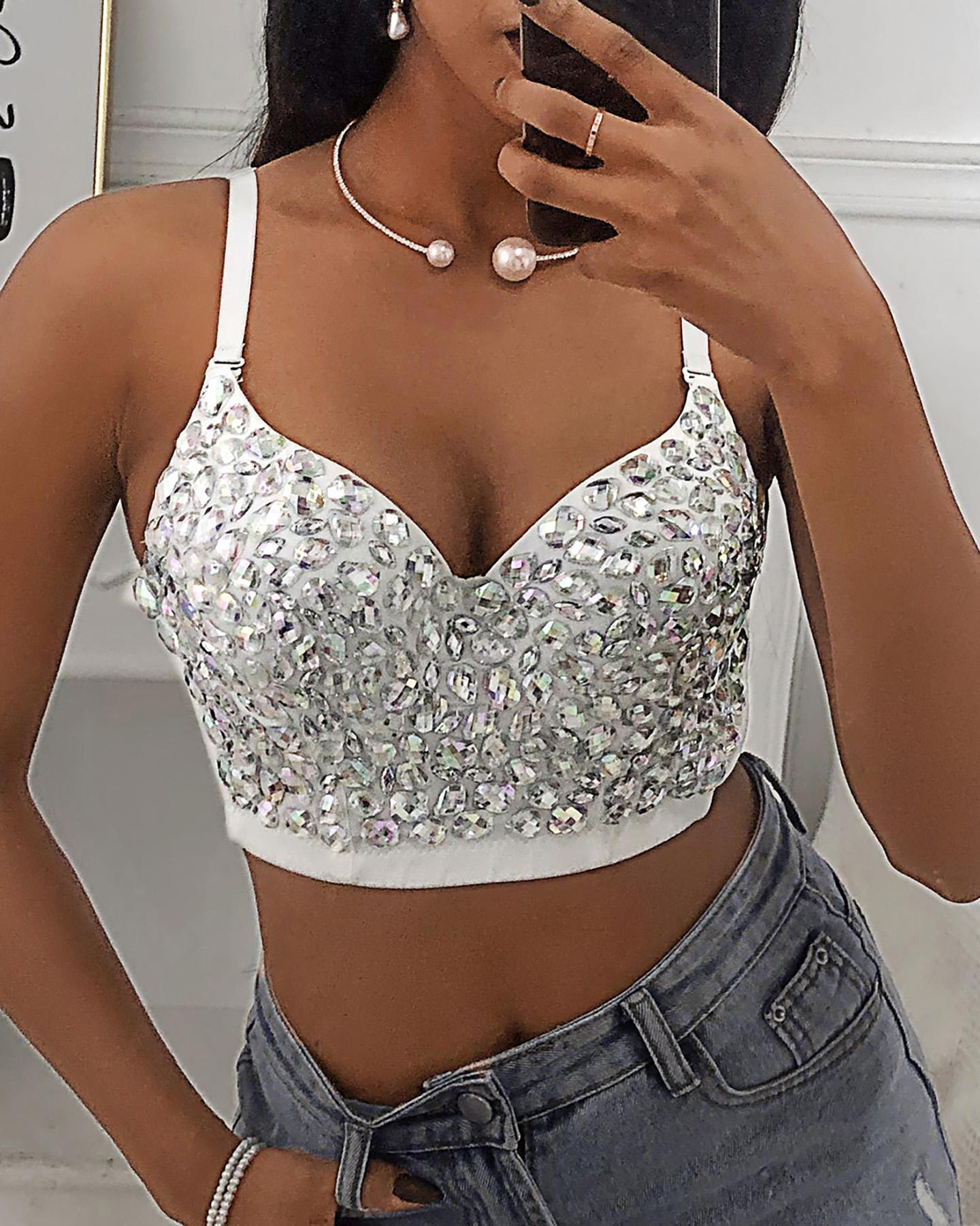 

V-Neck Allover Rhinestone Corset Crop Top, White