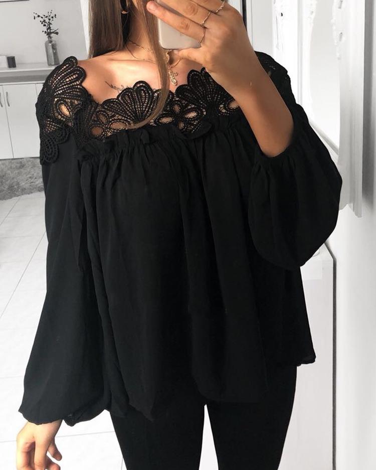 

Crochet Lace Splicing Off Shoulder Casual Blouse, Black